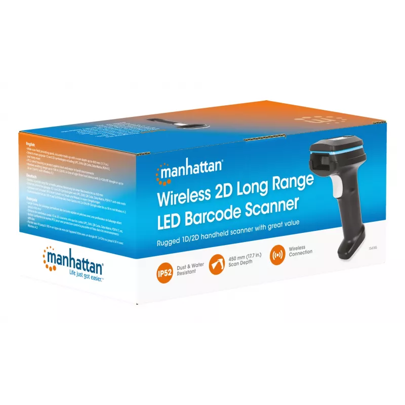 Manhattan Wireless 2D-Hand-Barcodescanner, 250 mm Scantiefe, bis zu 80 m effektive Reichweite (Sichtlinie), max. Umgebungslicht 100.000 Lux (Sonnenlicht), Schwarz, Ladekabel (USB-A auf USB-C zum Gerät) 1 m inklusive, drei Jahre Garantie