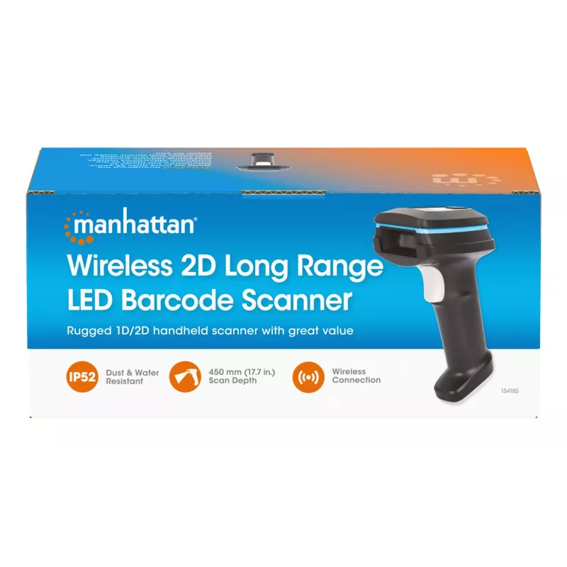 Manhattan Wireless 2D-Hand-Barcodescanner, 250 mm Scantiefe, bis zu 80 m effektive Reichweite (Sichtlinie), max. Umgebungslicht 100.000 Lux (Sonnenlicht), Schwarz, Ladekabel (USB-A auf USB-C zum Gerät) 1 m inklusive, drei Jahre Garantie