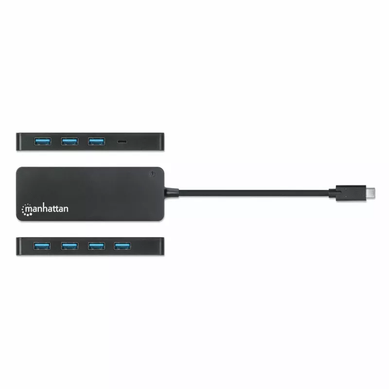 Manhattan USB-C Dock/Hub, Anschlüsse (x7): USB-A (x7), 5 Gbit/s (USB 3.2 Gen1, auch USB 3.0 genannt), externes Netzteil nicht erforderlich, universell für alle Geräte, Kabel 15 cm, SuperSpeed USB, Schwarz, drei Jahre Garantie