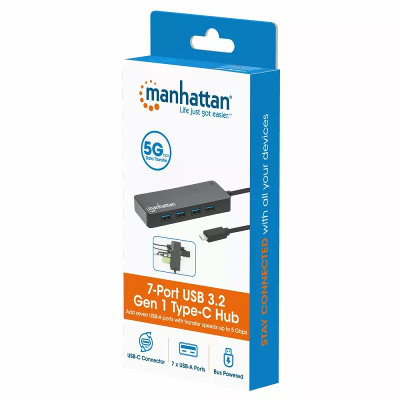 Manhattan USB-C Dock/Hub, Anschlüsse (x7): USB-A (x7), 5 Gbit/s (USB 3.2 Gen1, auch USB 3.0 genannt), externes Netzteil nicht erforderlich, universell für alle Geräte, Kabel 15 cm, SuperSpeed USB, Schwarz, drei Jahre Garantie