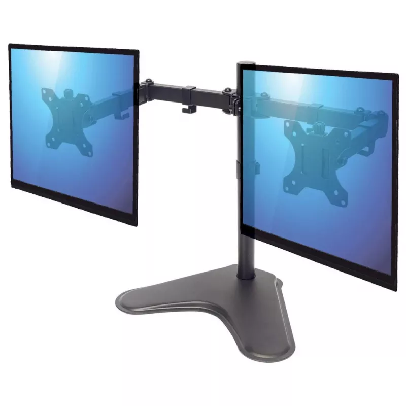 Manhattan Dual Desk Mount für TV & Monitore (Full Motion), Standmontage, Für Bildschirme: 10-27 Zoll, VESA-Kompatibilität: 75x75 und 100x100 mm - überprüfen Sie die Abmessungen der vier Befestigungslöcher auf der Rückseite des Bildschirms, um sicherzustellen, dass sie passen, Max. 8 kg (je), Schwarz, Halterung