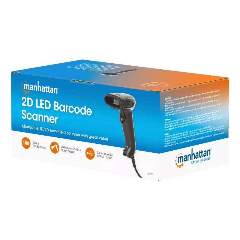 Manhattan Contact CCD Handheld-Barcodescanner, USB, 60 mm Scanbreite, Kabel 1,52 m, max. Umgebungslicht 5.000 Lux (Sonnenlicht), Schwarz, drei Jahre Garantie
