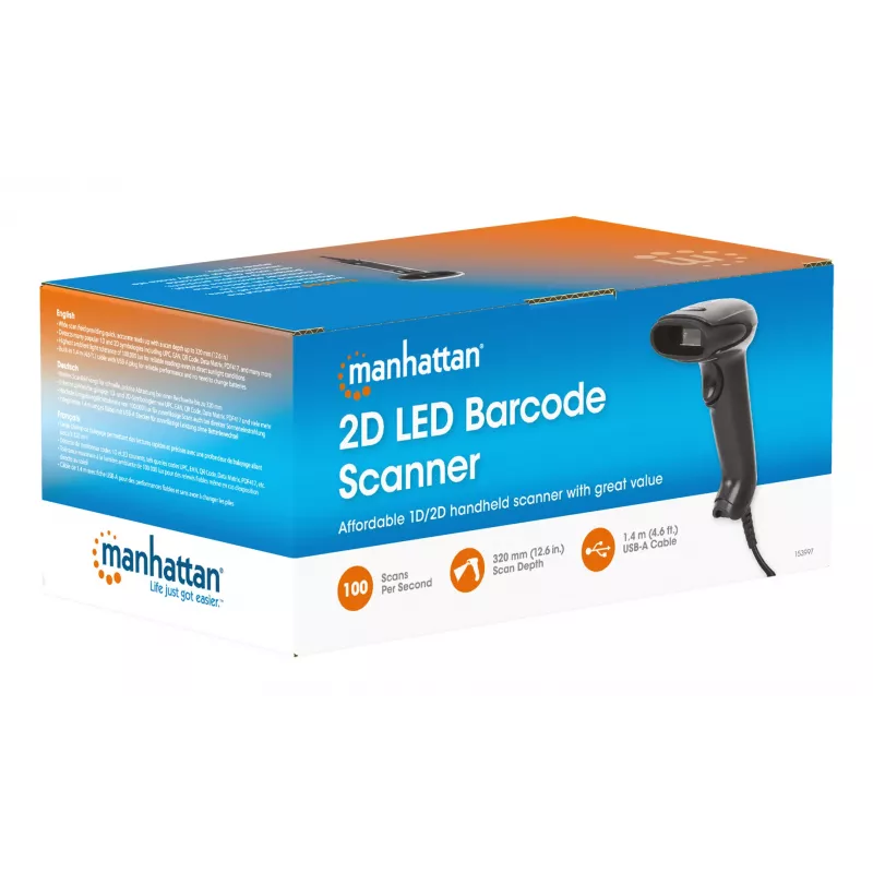 Manhattan Contact CCD Handheld-Barcodescanner, USB, 60 mm Scanbreite, Kabel 1,52 m, max. Umgebungslicht 5.000 Lux (Sonnenlicht), Schwarz, drei Jahre Garantie