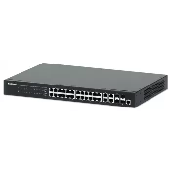 Intellinet 24-Port Gigabit Ethernet PoE+ Web-Managed Switch mit 4 Gigabit Combo Base-T/SFP-Ports, IEEE 802.3at/af Power over Ethernet (PoE+/PoE) konform, 370 W, Endspan, 19-Zoll-Rackmount