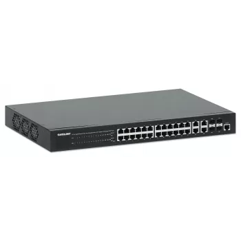 Intellinet 24-Port Gigabit Ethernet PoE+ Web-Managed Switch mit 4 Gigabit Combo Base-T/SFP-Ports, IEEE 802.3at/af Power over Ethernet (PoE+/PoE) konform, 370 W, Endspan, 19-Zoll-Rackmount