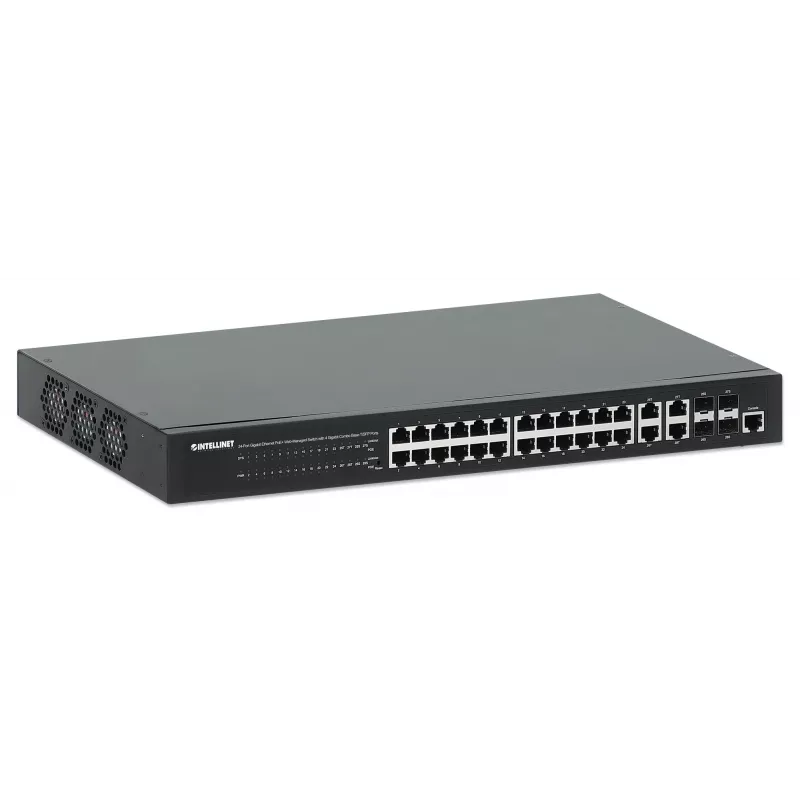 Intellinet 24-Port Gigabit Ethernet PoE+ Web-Managed Switch mit 4 Gigabit Combo Base-T/SFP-Ports, IEEE 802.3at/af Power over Ethernet (PoE+/PoE) konform, 370 W, Endspan, 19-Zoll-Rackmount