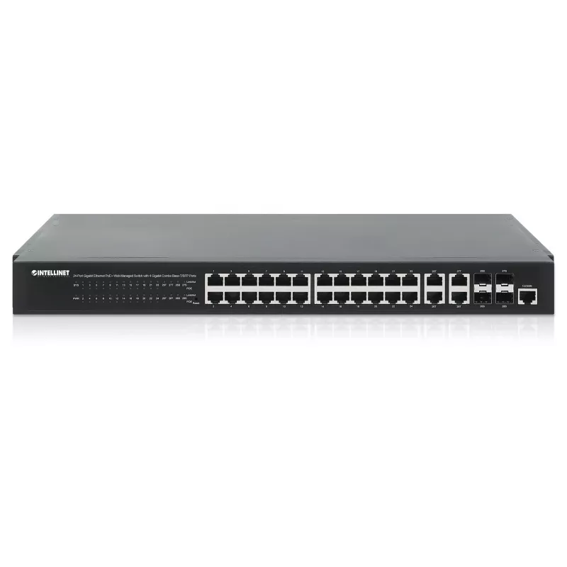 Intellinet 24-Port Gigabit Ethernet PoE+ Web-Managed Switch mit 4 Gigabit Combo Base-T/SFP-Ports, IEEE 802.3at/af Power over Ethernet (PoE+/PoE) konform, 370 W, Endspan, 19-Zoll-Rackmount