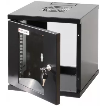 Intellinet 10-Zoll Netzwerkschrank – Wandmontage (Standard), 6HE, 300 mm tief, Schwarz, montiert, max. 60 kg, auch für Tisch- oder Bodenaufstellung geeignet, nutzbare Tiefe 265 mm, Metall- & Glastür, Rückwand, abnehmbare Seiten, Teile für Wandmontage (z.B. Schrauben/Dübel) nicht im Lieferumfang enthalten