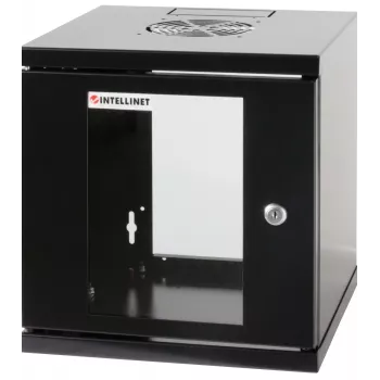 Intellinet 10-Zoll Netzwerkschrank – Wandmontage (Standard), 6HE, 300 mm tief, Schwarz, montiert, max. 60 kg, auch für Tisch- oder Bodenaufstellung geeignet, nutzbare Tiefe 265 mm, Metall- & Glastür, Rückwand, abnehmbare Seiten, Teile für Wandmontage (z.B. Schrauben/Dübel) nicht im Lieferumfang enthalten
