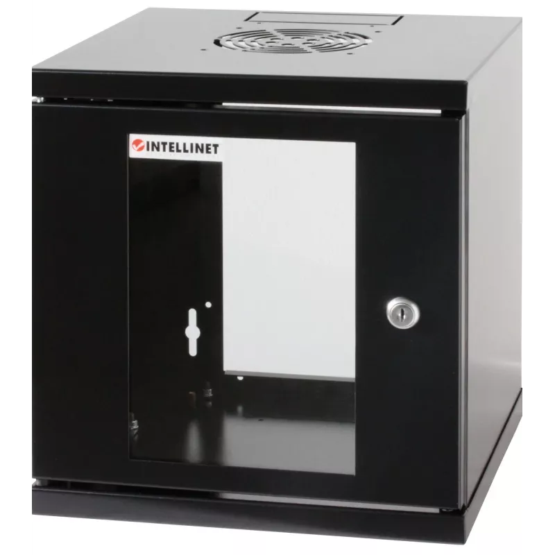 Intellinet 10-Zoll Netzwerkschrank – Wandmontage (Standard), 6HE, 300 mm tief, Schwarz, montiert, max. 60 kg, auch für Tisch- oder Bodenaufstellung geeignet, nutzbare Tiefe 265 mm, Metall- & Glastür, Rückwand, abnehmbare Seiten, Teile für Wandmontage (z.B. Schrauben/Dübel) nicht im Lieferumfang enthalten