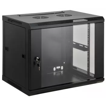Intellinet 19-Zoll-Netzwerkschrank – Wandmontage (Standard), 9U, 600 mm tief, Schwarz, montiert, max. 60 kg, auch für den Einsatz auf dem Schreibtisch oder Boden geeignet, nutzbare Tiefe 500 mm, Metall- & Glastür, Rückwand, abnehmbare Seitenwände, Teile für die Wandmontage (z. B. Schrauben/Dübel) nicht enthalten