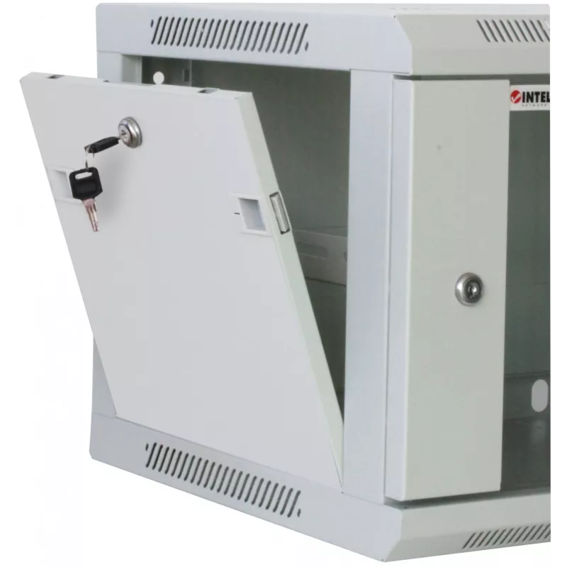 Intellinet 19-Zoll-Netzwerkschrank – Wandmontage (Standard), 20U, 600 mm tief, Grau, montiert, max. 60 kg, auch für den Einsatz auf dem Schreibtisch oder Boden geeignet, nutzbare Tiefe 500 mm, Metall- & Glastür, Rückwand, abnehmbare Seitenwände, Teile für die Wandmontage nicht im Lieferumfang enthalten