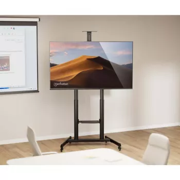 Manhattan Trolley-Montageständer für TV & Monitore (Höhenverstellung per Kurbel), Für Bildschirme: 37 Zoll bis 120 Zoll, VESA-Kompatibilität: alle zwischen 200x200 bis 1000x600mm – Bitte die Abmessungen der vier Befestigungslöcher auf der Rückseite des Bildschirms überprüfen, Max. 120 kg, 1180 bis 1630 mm
