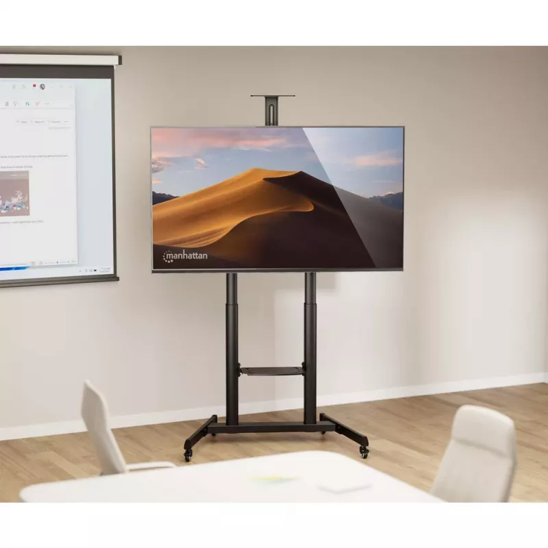 Manhattan Trolley-Montageständer für TV & Monitore (Höhenverstellung per Kurbel), Für Bildschirme: 37 Zoll bis 120 Zoll, VESA-Kompatibilität: alle zwischen 200x200 bis 1000x600mm – Bitte die Abmessungen der vier Befestigungslöcher auf der Rückseite des Bildschirms überprüfen, Max. 120 kg, 1180 bis 1630 mm