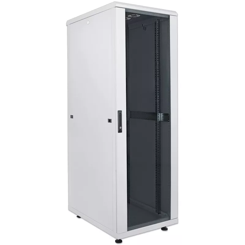 Intellinet 19-Zoll Netzwerkschrank – freistehend, 32HE, 800x800mm (Breite x Tiefe), Grau, Flatpack, max. 1500kg, Mehrpunkt-Türverriegelung, ein Schloss pro Seitenwand, nutzbare Tiefe 123 bis 573mm, IP20, Rack, Stahl