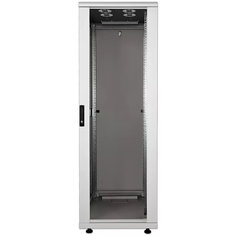 Intellinet 19-Zoll Netzwerkschrank – freistehend, 32HE, 800x800mm (Breite x Tiefe), Grau, Flatpack, max. 1500kg, Mehrpunkt-Türverriegelung, ein Schloss pro Seitenwand, nutzbare Tiefe 123 bis 573mm, IP20, Rack, Stahl