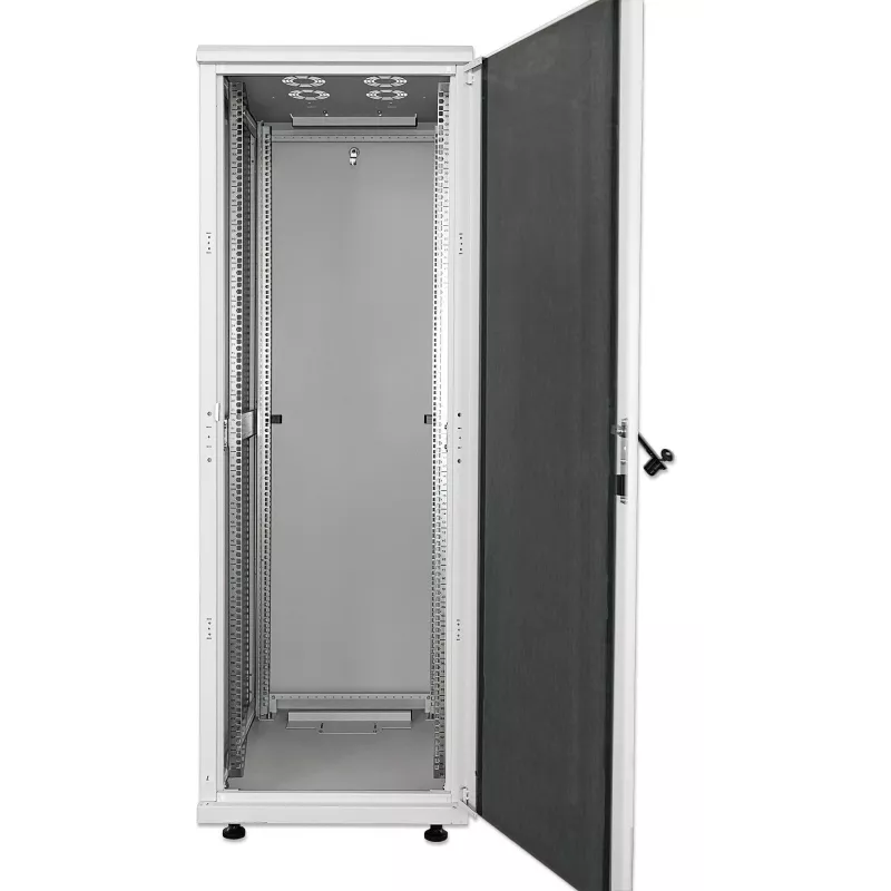 Intellinet 19-Zoll Netzwerkschrank – freistehend, 32HE, 800x800mm (Breite x Tiefe), Grau, Flatpack, max. 1500kg, Mehrpunkt-Türverriegelung, ein Schloss pro Seitenwand, nutzbare Tiefe 123 bis 573mm, IP20, Rack, Stahl