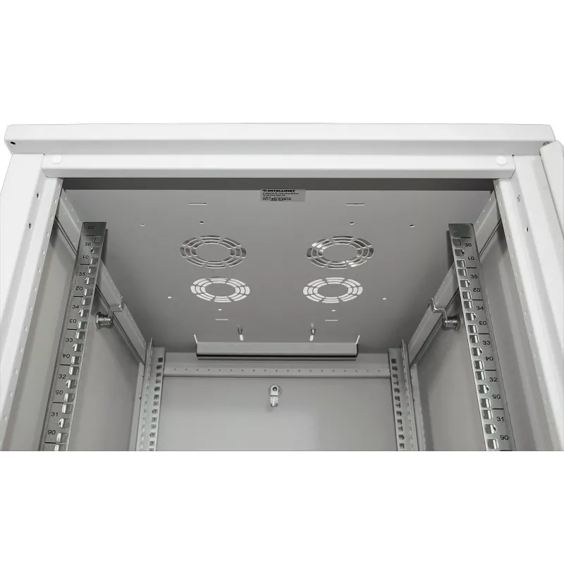 Intellinet 19-Zoll Netzwerkschrank – freistehend, 32HE, 800x800mm (Breite x Tiefe), Grau, Flatpack, max. 1500kg, Mehrpunkt-Türverriegelung, ein Schloss pro Seitenwand, nutzbare Tiefe 123 bis 573mm, IP20, Rack, Stahl