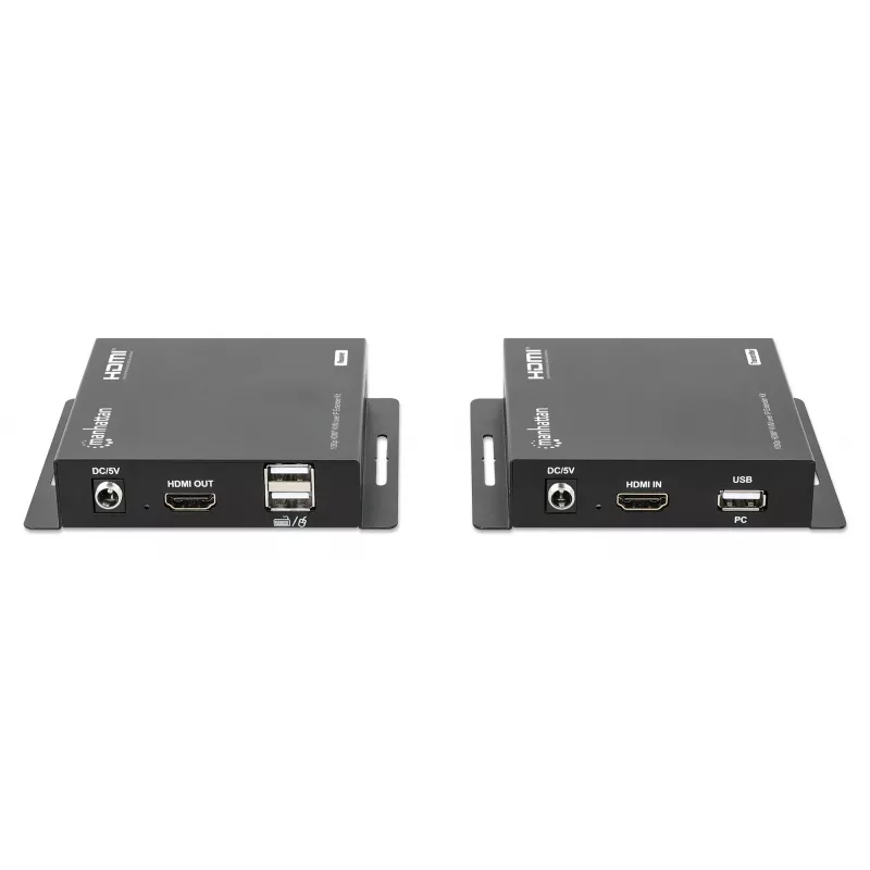 Manhattan 1080p HDMI KVM over IP Extender Kit, Verlängert 1080p@60Hz Signal bis zu 120m mit einem einzigen Cat6 Ethernet-Kabel oder einem IP-fähigen Netzwerk, Sender und Empfänger, USB-A-Anschlüsse für PC/Maus/Tastatur, Schwarz, Drei Jahre Garantie