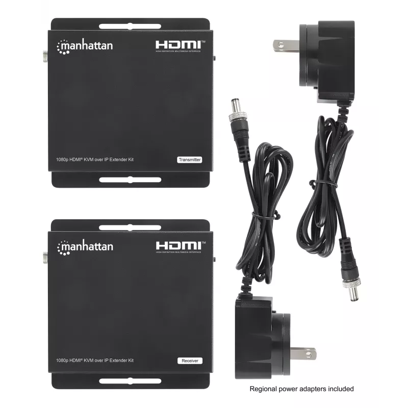 Manhattan 1080p HDMI KVM over IP Extender Kit, Verlängert 1080p@60Hz Signal bis zu 120m mit einem einzigen Cat6 Ethernet-Kabel oder einem IP-fähigen Netzwerk, Sender und Empfänger, USB-A-Anschlüsse für PC/Maus/Tastatur, Schwarz, Drei Jahre Garantie