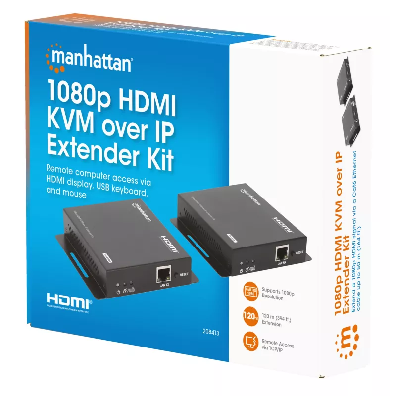 Manhattan 1080p HDMI KVM over IP Extender Kit, Verlängert 1080p@60Hz Signal bis zu 120m mit einem einzigen Cat6 Ethernet-Kabel oder einem IP-fähigen Netzwerk, Sender und Empfänger, USB-A-Anschlüsse für PC/Maus/Tastatur, Schwarz, Drei Jahre Garantie