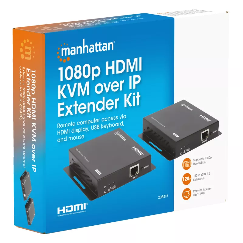 Manhattan 1080p HDMI KVM over IP Extender Kit, Verlängert 1080p@60Hz Signal bis zu 120m mit einem einzigen Cat6 Ethernet-Kabel oder einem IP-fähigen Netzwerk, Sender und Empfänger, USB-A-Anschlüsse für PC/Maus/Tastatur, Schwarz, Drei Jahre Garantie