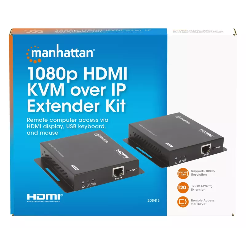 Manhattan 1080p HDMI KVM over IP Extender Kit, Verlängert 1080p@60Hz Signal bis zu 120m mit einem einzigen Cat6 Ethernet-Kabel oder einem IP-fähigen Netzwerk, Sender und Empfänger, USB-A-Anschlüsse für PC/Maus/Tastatur, Schwarz, Drei Jahre Garantie