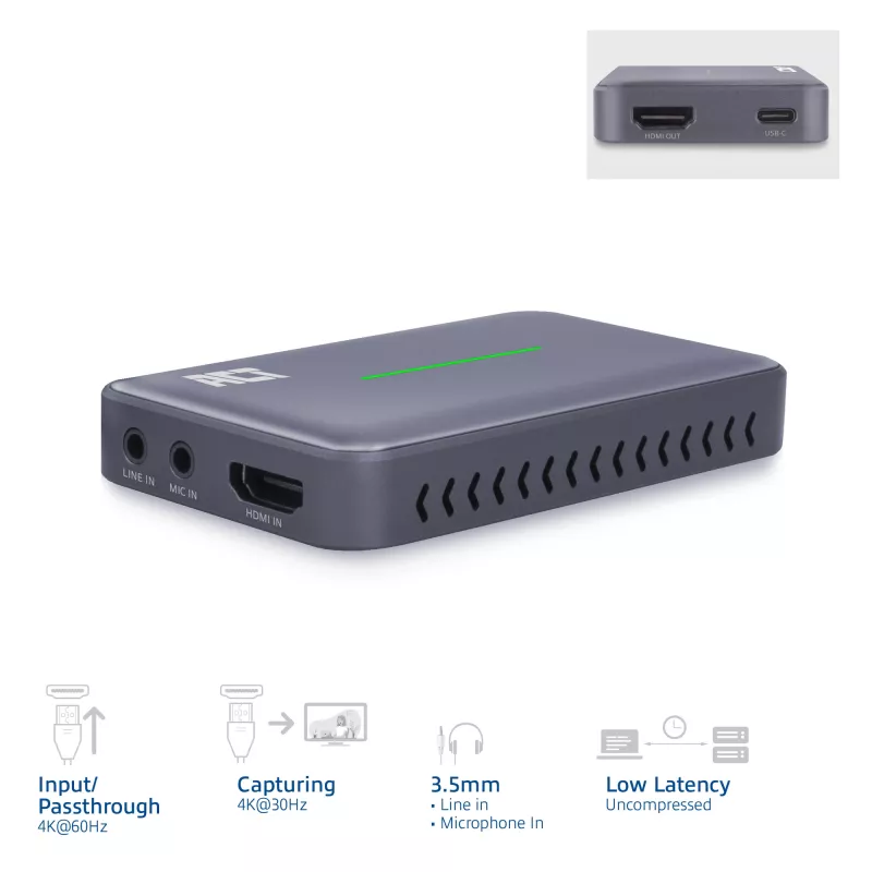 ACT USB-C Video Capture Card, HDMI 4K@60Hz Durchschleifung, 4K@30Hz Aufnahme