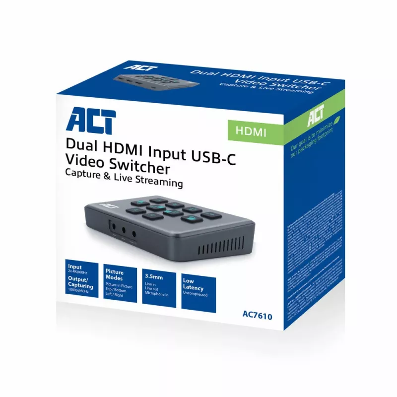 ACT Dual HDMI Eingang USB-C Video Switcher 60Hz Grau