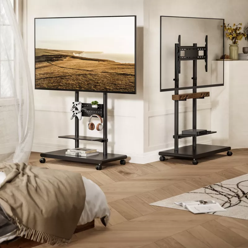 Mobiler TV-Wagen EQUIP 50 Zoll–90 Zoll mit Pegboard-Regal, VESA 200x200–600x400, 60 kg, schwarz