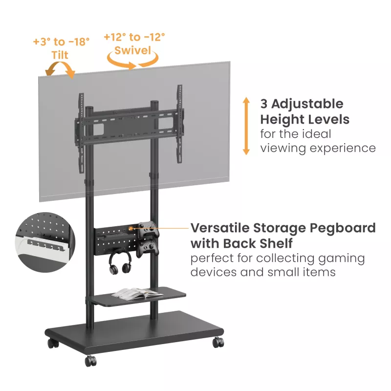 Mobiler TV-Wagen EQUIP 50 Zoll–90 Zoll mit Pegboard-Regal, VESA 200x200–600x400, 60 kg, schwarz