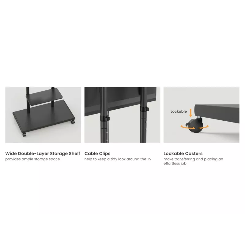 Mobiler TV-Wagen EQUIP 50 Zoll–90 Zoll mit Pegboard-Regal, VESA 200x200–600x400, 60 kg, schwarz