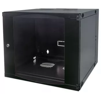 Intellinet 19-Zoll-Netzwerkschrank – Wandmontage (zweiteiliger Schwenkrahmen), 9HE, 450 mm tief, schwarz, Flatpack, max. 30 kg, schwenkbar für Zugang zur Rückseite bei Wandmontage, Rack, nutzbare Tiefe 235 mm, Teile für Wandmontage nicht enthalten
