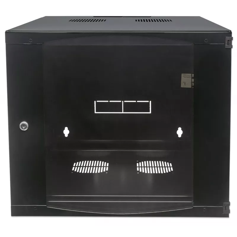 Intellinet 19-Zoll-Netzwerkschrank – Wandmontage (zweiteiliger Schwenkrahmen), 9HE, 450 mm tief, schwarz, Flatpack, max. 30 kg, schwenkbar für Zugang zur Rückseite bei Wandmontage, Rack, nutzbare Tiefe 235 mm, Teile für Wandmontage nicht enthalten