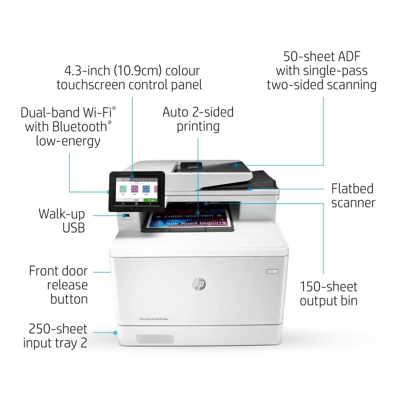HP Color LaserJet Pro MFP M479fdw, Drucken, Kopieren, Scannen, Faxen, E-Mail, Scan zu E-Mail/PDF; Duplexdruck; 50-Blatt-ADF ohne Biegung