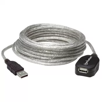 Manhattan USB-A auf USB-A Verlängerungskabel, 5 m, Stecker auf Buchse, Aktiv, Transparent Silber, 480 Mbit/s (USB 2.0), kaskadierbar, integrierter Repeater, Hi-Speed USB, drei Jahre Garantie