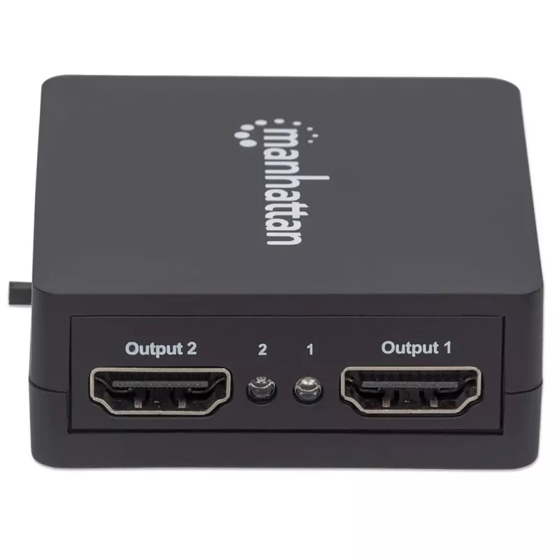 Manhattan HDMI-Splitter 2-fach, 1080p, schwarz, gibt das Signal einer HDMI-Quelle auf zwei HD-Displays aus (gleiches Signal auf beide Displays), USB-A-Stromversorgung (Kabel im Lieferumfang, 0,7 m), drei Jahre Garantie