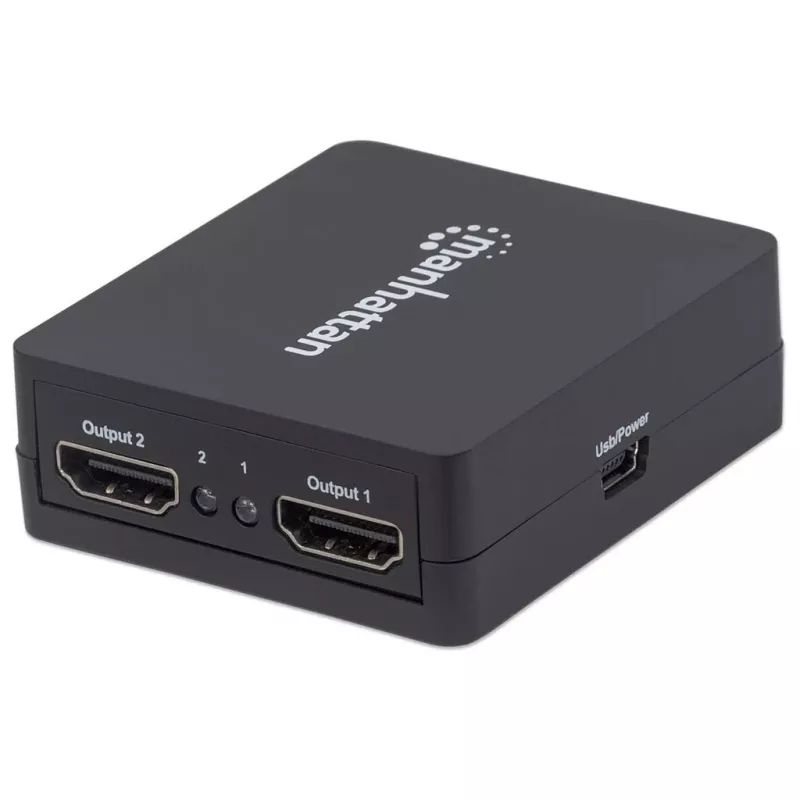 Manhattan HDMI-Splitter 2-fach, 1080p, schwarz, gibt das Signal einer HDMI-Quelle auf zwei HD-Displays aus (gleiches Signal auf beide Displays), USB-A-Stromversorgung (Kabel im Lieferumfang, 0,7 m), drei Jahre Garantie