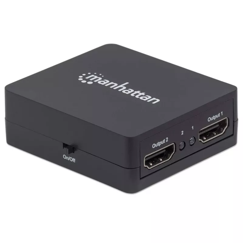 Manhattan HDMI-Splitter 2-fach, 1080p, schwarz, gibt das Signal einer HDMI-Quelle auf zwei HD-Displays aus (gleiches Signal auf beide Displays), USB-A-Stromversorgung (Kabel im Lieferumfang, 0,7 m), drei Jahre Garantie