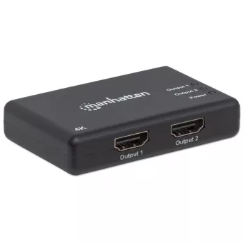 Manhattan HDMI-Splitter 2-Port, 4K@30Hz, gibt Ausgang von einer HDMI-Quelle auf zwei HD-Bildschirme (gleiches Bild auf beiden), Netzbetrieb (Kabel 0,9 m), Schwarz, drei Jahre Garantie