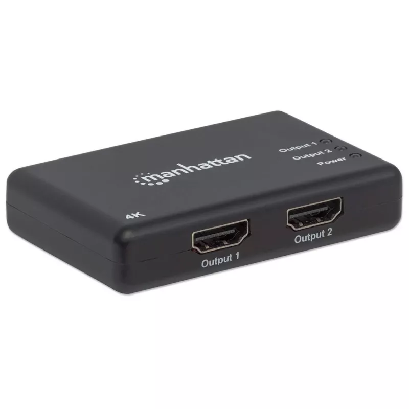Manhattan HDMI-Splitter 2-Port, 4K@30Hz, gibt Ausgang von einer HDMI-Quelle auf zwei HD-Bildschirme (gleiches Bild auf beiden), Netzbetrieb (Kabel 0,9 m), Schwarz, drei Jahre Garantie
