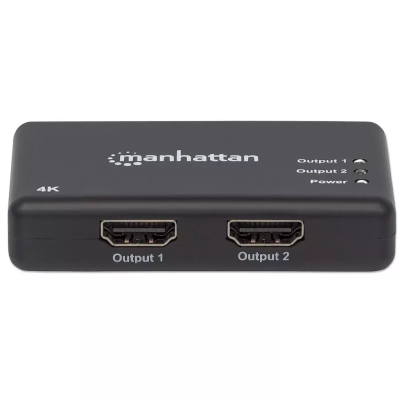 Manhattan HDMI-Splitter 2-Port, 4K@30Hz, gibt Ausgang von einer HDMI-Quelle auf zwei HD-Bildschirme (gleiches Bild auf beiden), Netzbetrieb (Kabel 0,9 m), Schwarz, drei Jahre Garantie