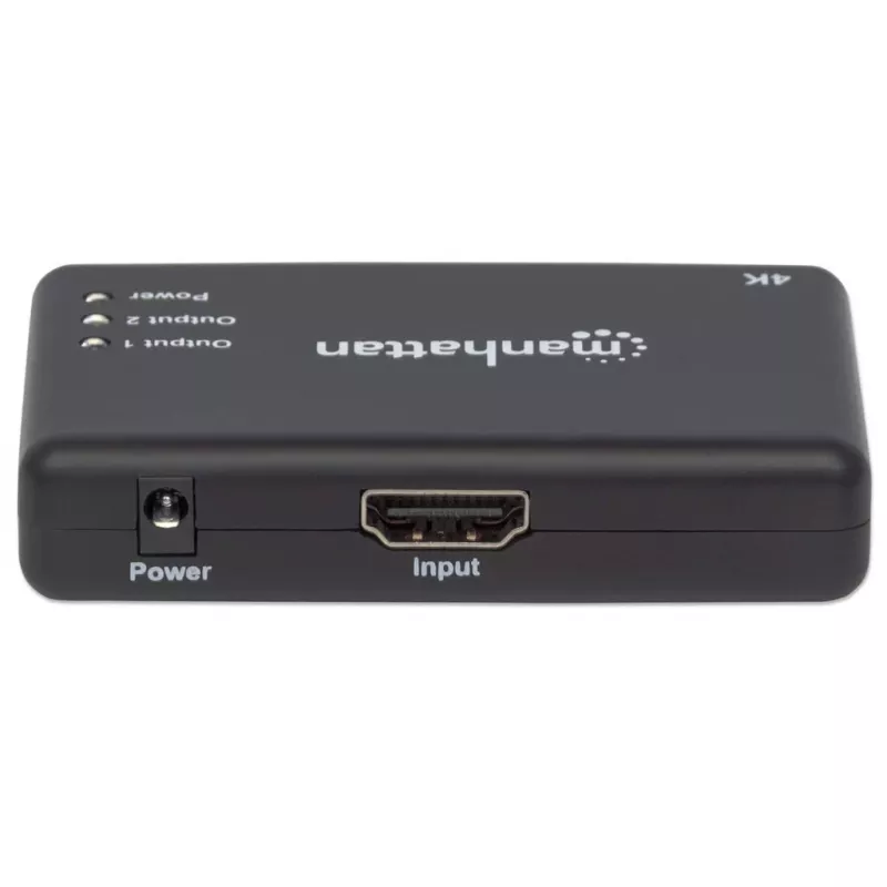 Manhattan HDMI-Splitter 2-Port, 4K@30Hz, gibt Ausgang von einer HDMI-Quelle auf zwei HD-Bildschirme (gleiches Bild auf beiden), Netzbetrieb (Kabel 0,9 m), Schwarz, drei Jahre Garantie