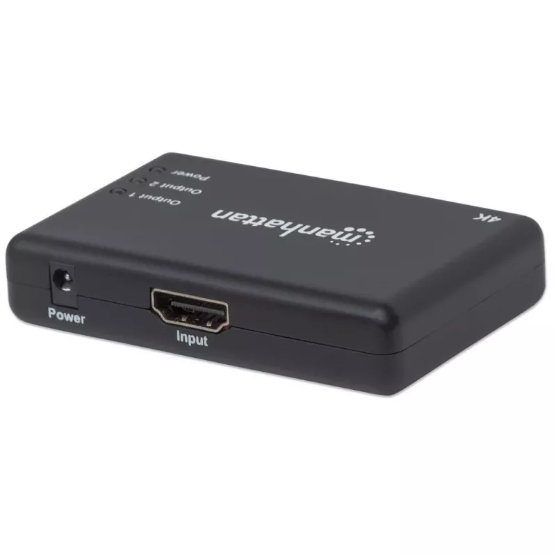 Manhattan HDMI-Splitter 2-Port, 4K@30Hz, gibt Ausgang von einer HDMI-Quelle auf zwei HD-Bildschirme (gleiches Bild auf beiden), Netzbetrieb (Kabel 0,9 m), Schwarz, drei Jahre Garantie