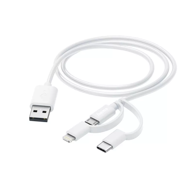 Hama 3-in-1 Multi-Ladekabel, USB-A – Micro-USB, USB-C und Lightning, 1,0 m, Weiß