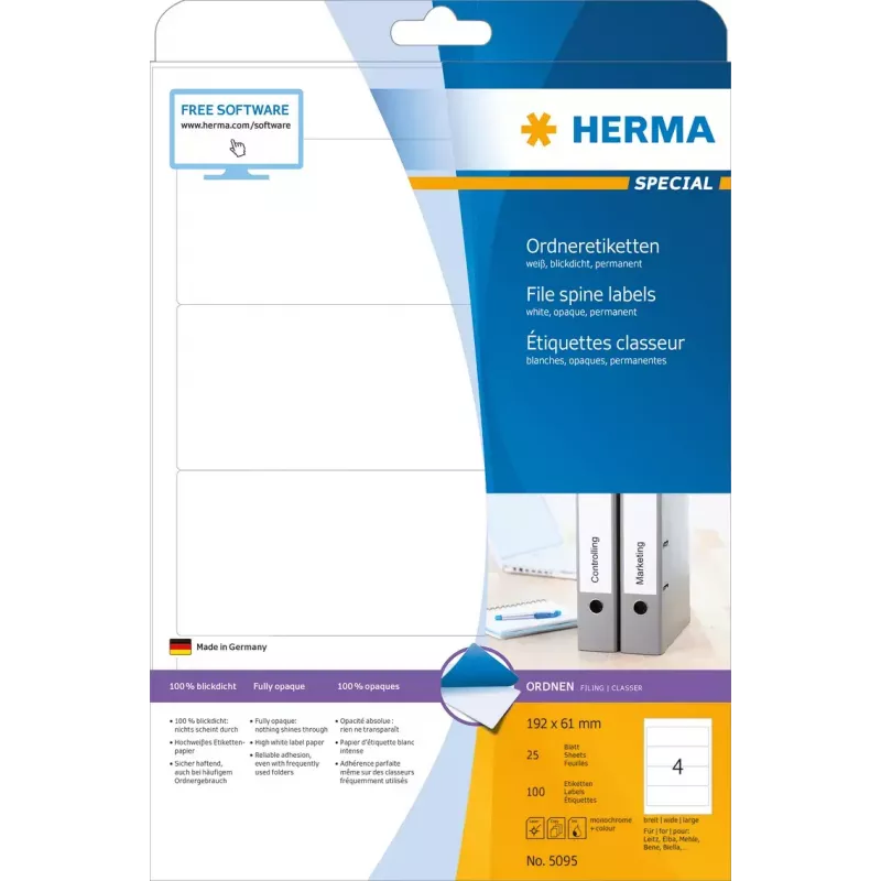 File labels HERMA A4 192x61 mm white paper matt opaque 100 pcs