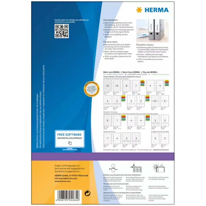 Selbstklebendes Druckeretikett HERMA File labels A4 192x61 mm