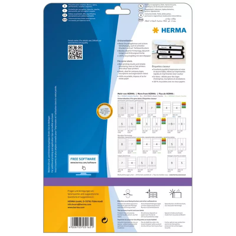 Hängeakte-Etiketten HERMA 5165 A4 34x297 mm weißes Papier matt blickdicht 125 Stück