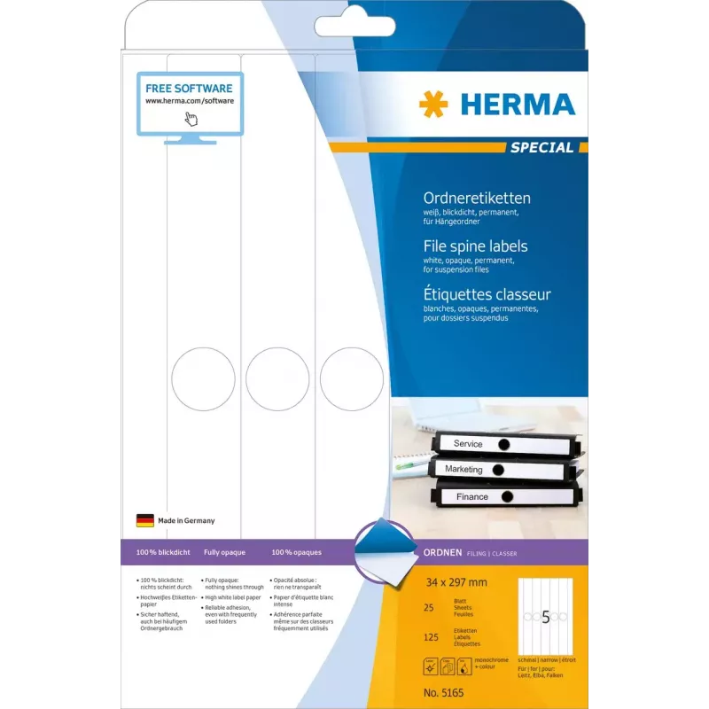 Hängeakte-Etiketten HERMA 5165 A4 34x297 mm weißes Papier matt blickdicht 125 Stück
