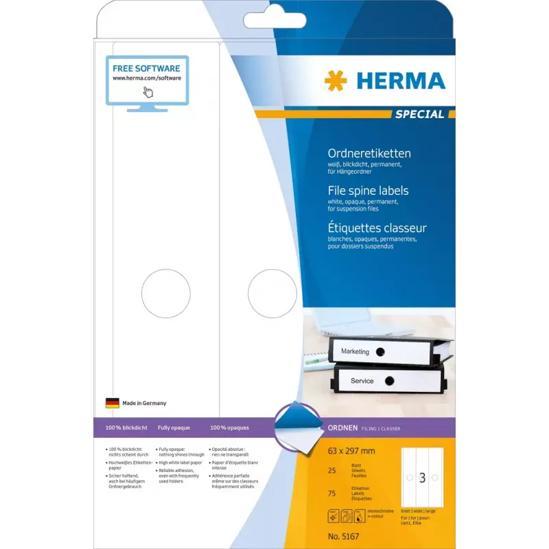 Suspension file labels HERMA 5167 A4 63x297 mm white paper matt opaque 75 pcs